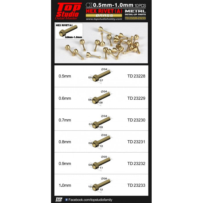 0.8mm Hex Rivets (A) Brass 10pcs