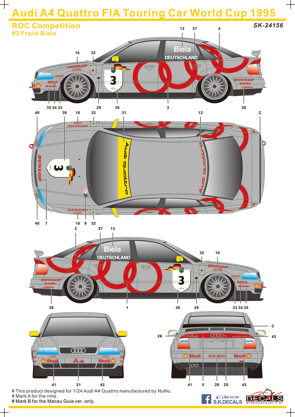 udi A4 Quattro FIA Touring Car World Cup 1995 ROC Competition für NUNU Audfi A4 1/24