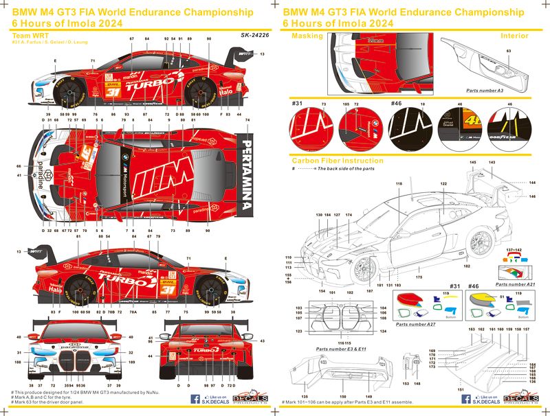BMW M4 GT3 FIA World Endurance Championship 6 Hours of Imola Decal 1/24