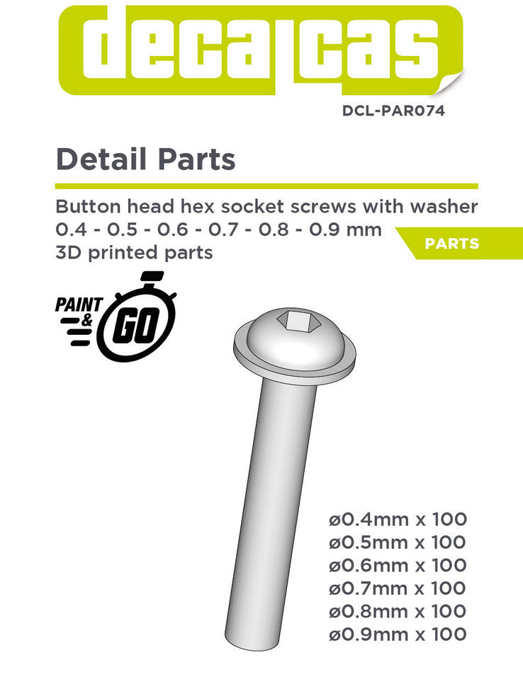 Rivets for scale models: Button head hex socket screws with washer 0,4mm, 0,5mm, 0,6mm, 0,7mm, 0,8mm and 0,9mm