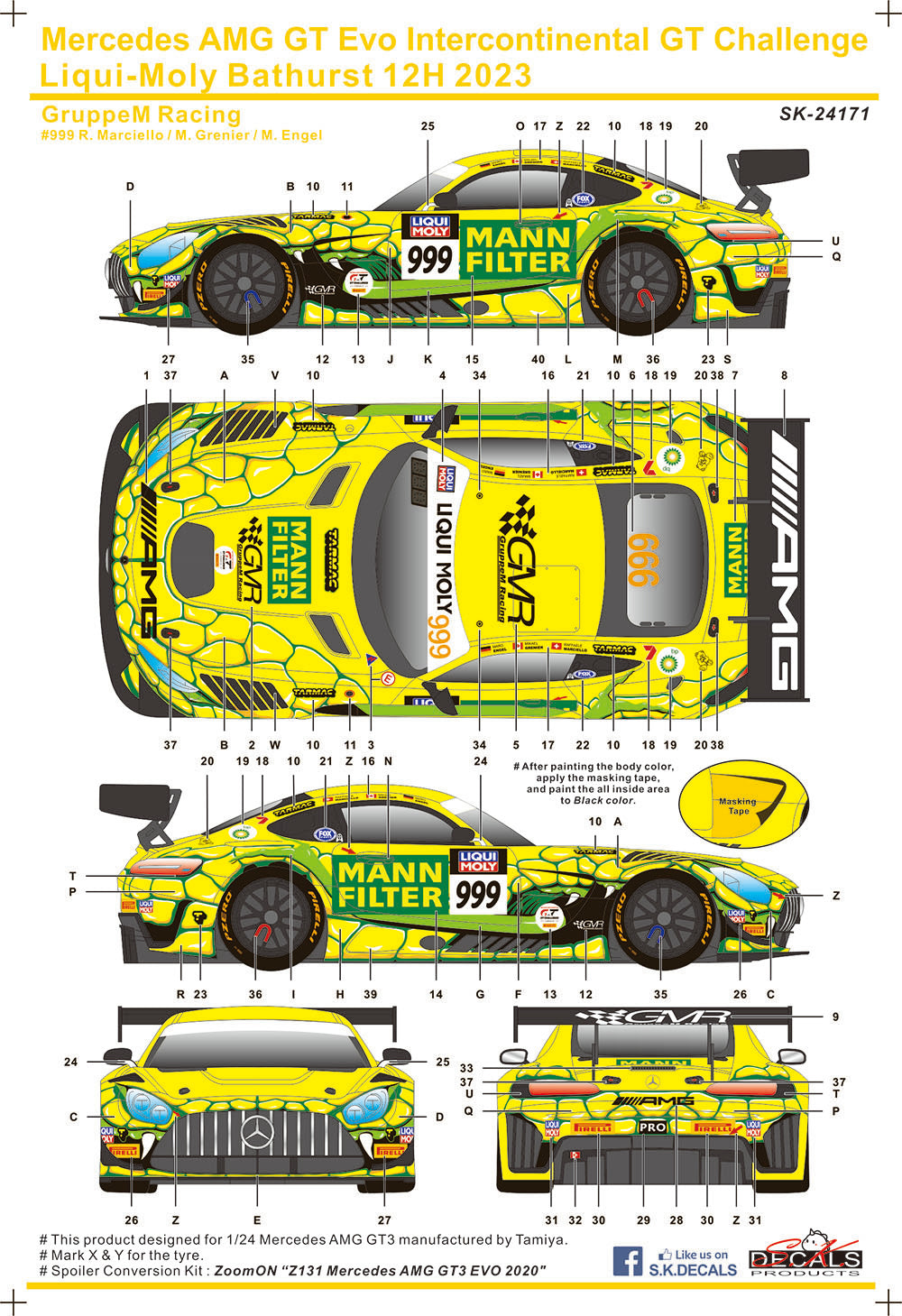 Mercedes AMG GT3 Evo Intercontinental GT Challenge Liqui-Moly Bathurst 12H 2023 GruppeM Racing für Tamiya 1/24
