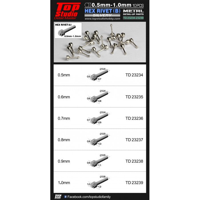 0.5mm Hex Rivets (B) Silvery 10pcs