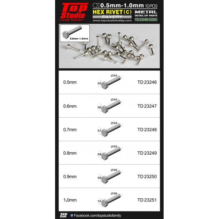 1.0mm Hex Rivets (C) Silvery 10pcs